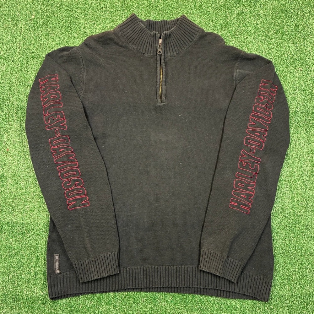 Y2K 2000's Harley Davidson Quarter Zip Sweater Black Red Spellout XL